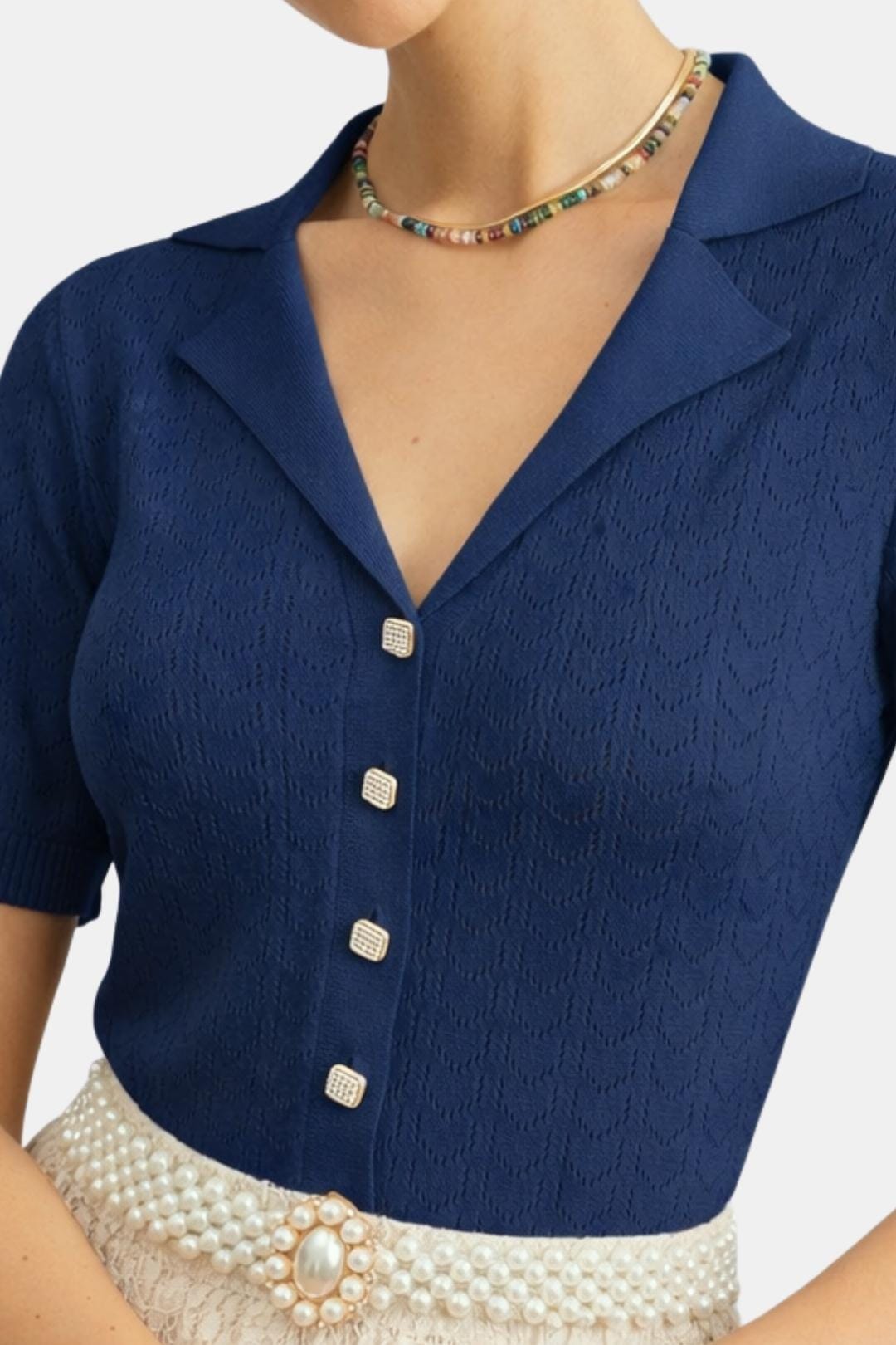 Asteria – Collared Pointelle Knit Top in Navy