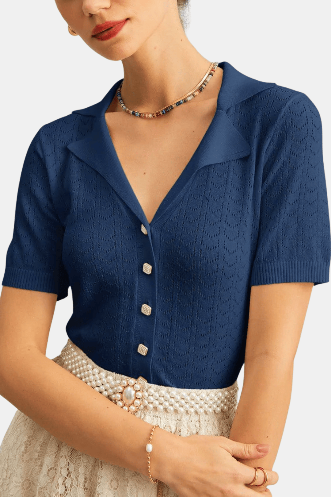 Asteria – Collared Pointelle Knit Top in Navy