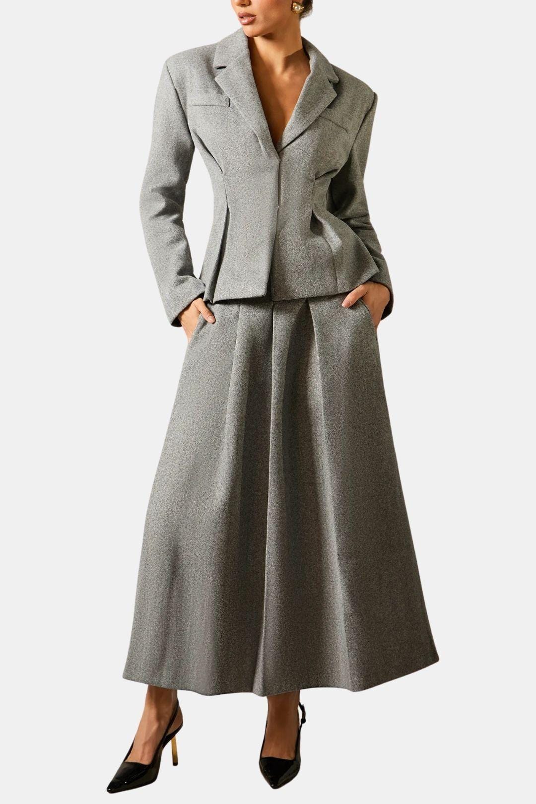 Audrey – Grey Blazer and Pleated Midi Skirt Set