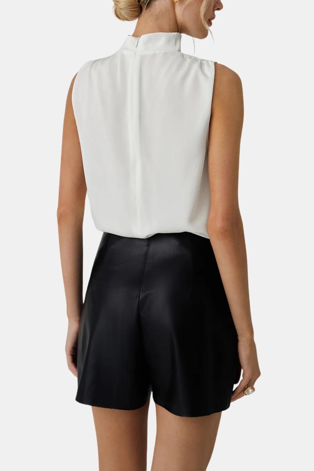 Freida – Pleated High-Neck Sleeveless Blouse in Beige
