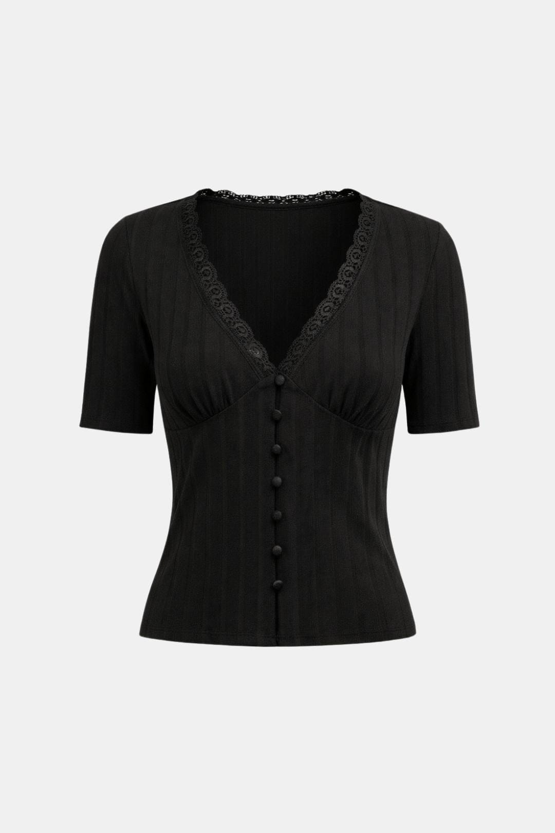 Iliara – Ribbed Lace Trim Lace Tee in Black