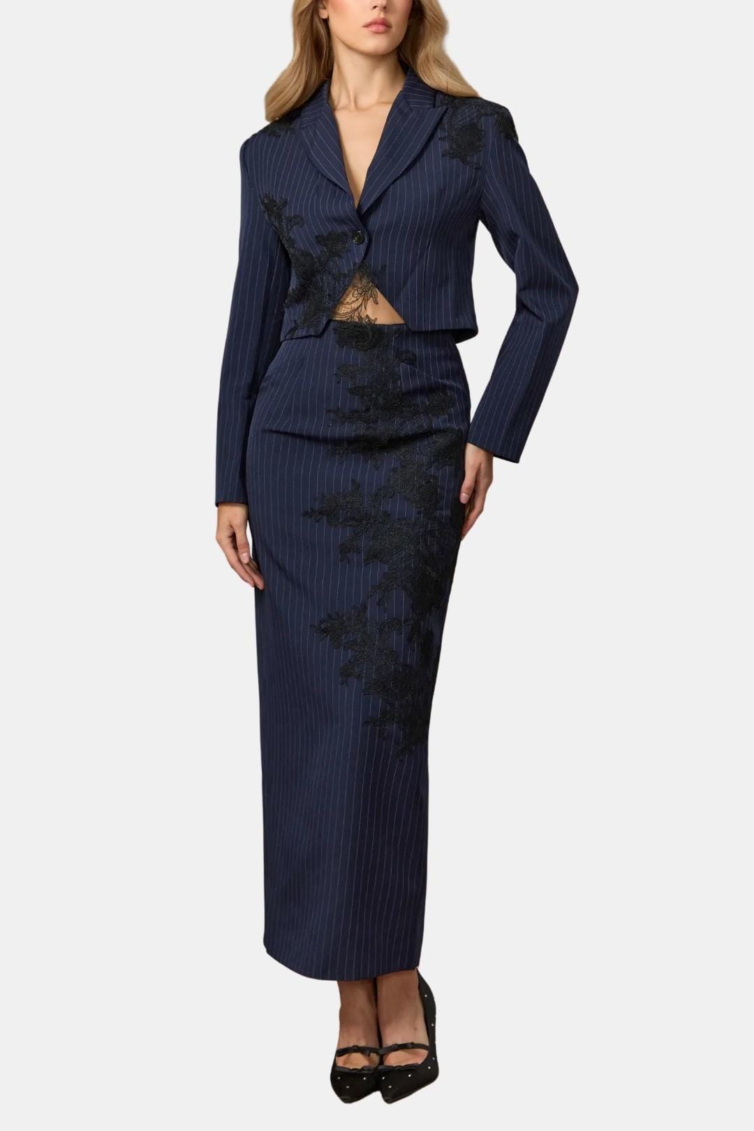 Alisson – Pinstripe Cropped Blazer & Lace-Embroidered Skirt Set in Dark Blue