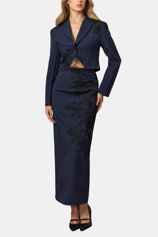 Alisson – Pinstripe Cropped Blazer & Lace-Embroidered Skirt Set in Dark Blue