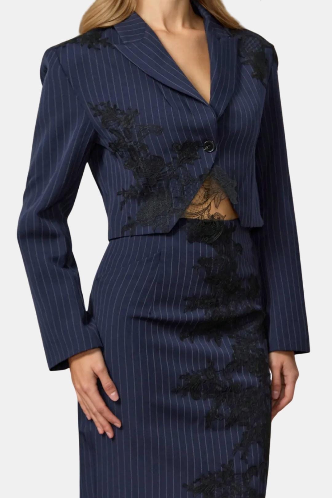 Alisson – Pinstripe Cropped Blazer & Lace-Embroidered Skirt Set in Dark Blue
