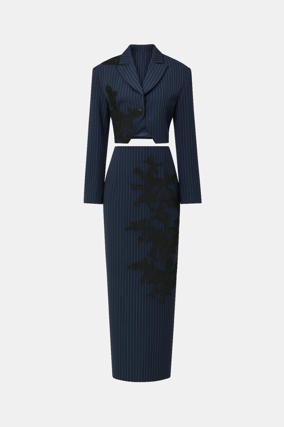 Alisson – Pinstripe Cropped Blazer & Lace-Embroidered Skirt Set in Dark Blue