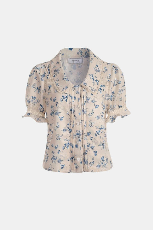 Alyna – Lace Spliced Pleated Floral Shirt in White