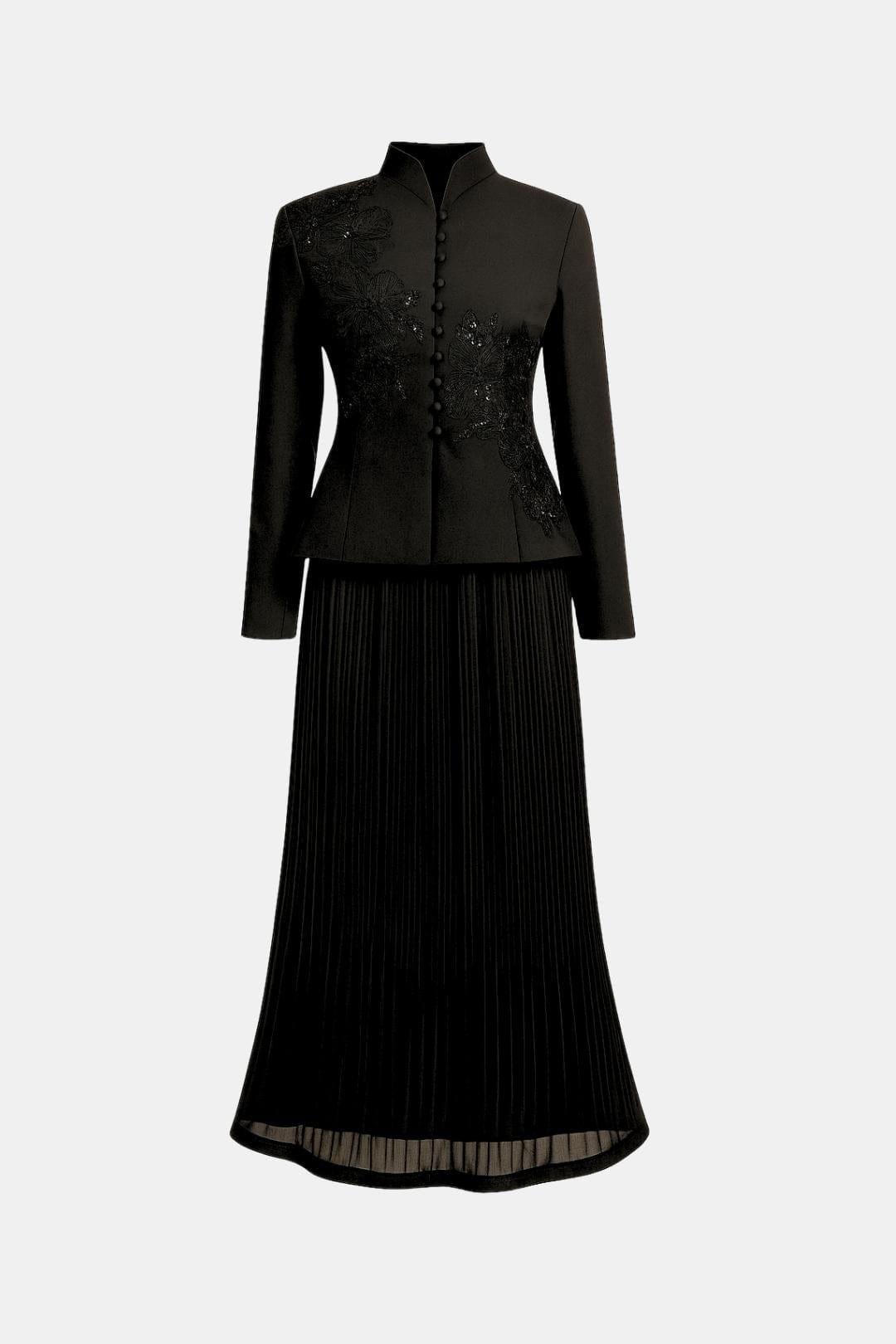Amoura – Lace Embroidered Jacket & Pleated Skirt Set in Black
