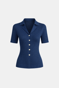 Asteria – Collared Pointelle Knit Top in Navy