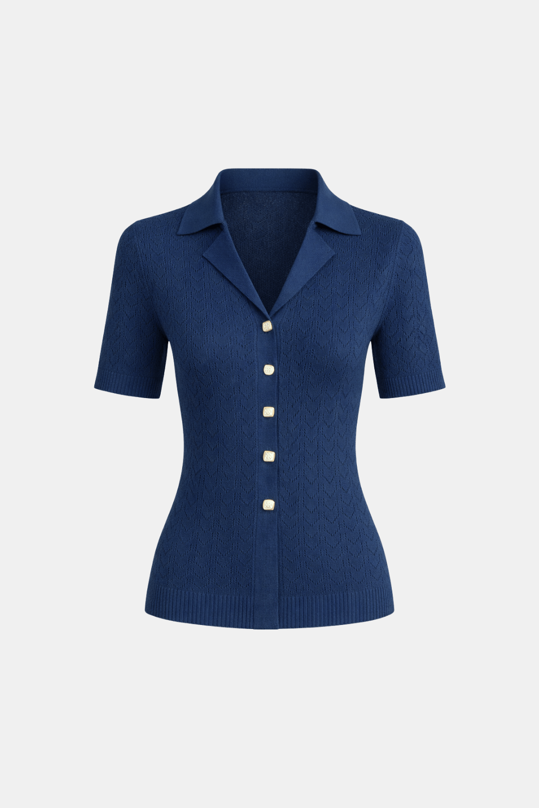 Asteria – Collared Pointelle Knit Top in Navy