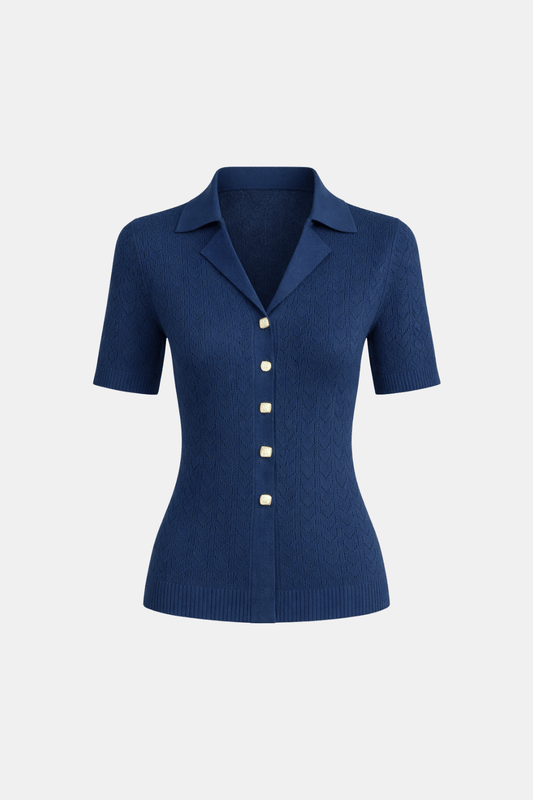Asteria – Collared Pointelle Knit Top in Navy