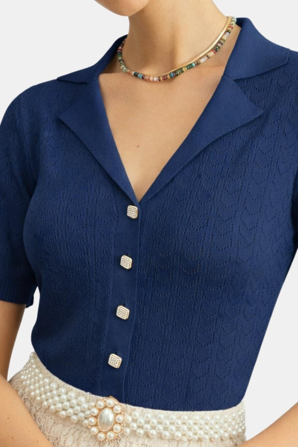 Asteria – Collared Pointelle Knit Top in Navy