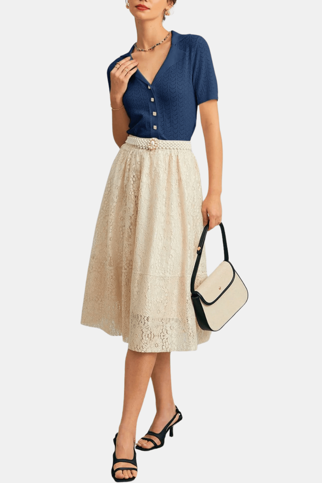 Asteria – Collared Pointelle Knit Top in Navy