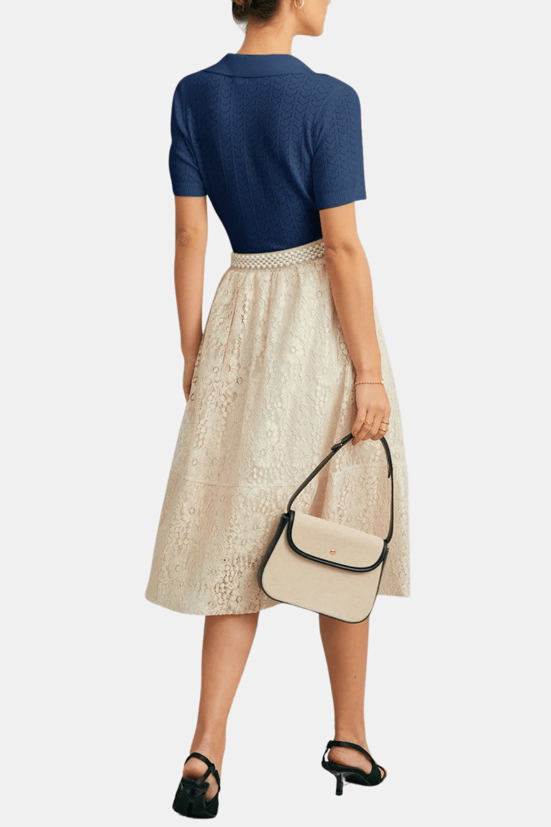 Asteria – Collared Pointelle Knit Top in Navy