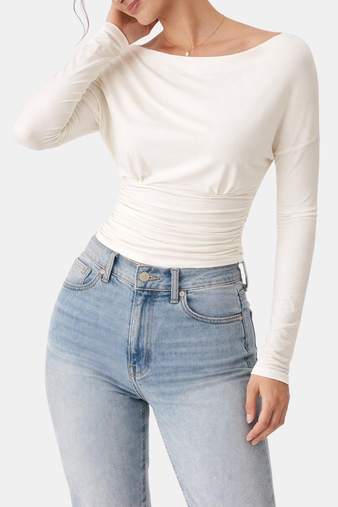 Callia – Ruched Waist Semi-Sheer Long Sleeve Top