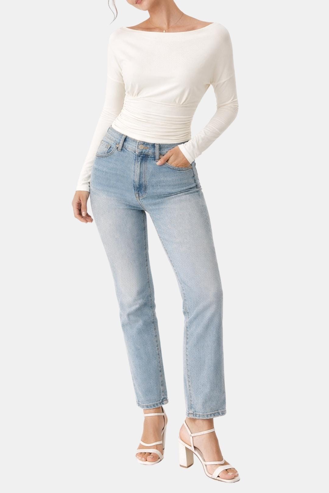 Callia – Ruched Waist Semi-Sheer Long Sleeve Top