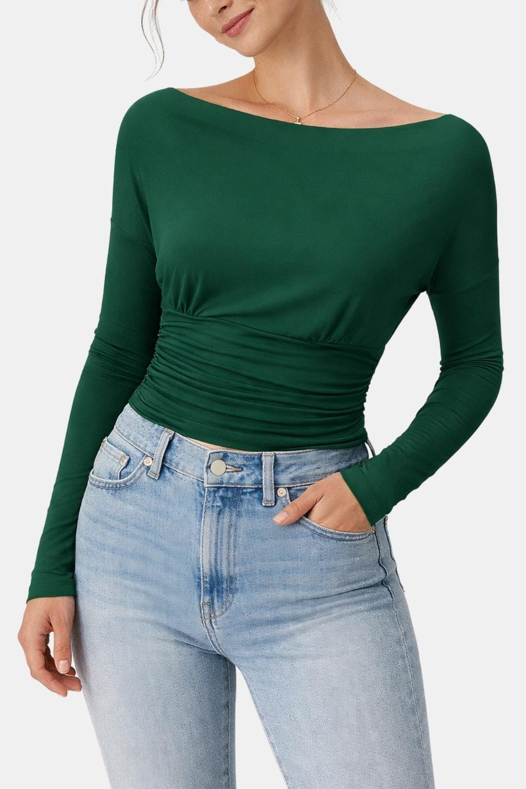 Callia – Ruched Waist Semi-Sheer Long Sleeve Top