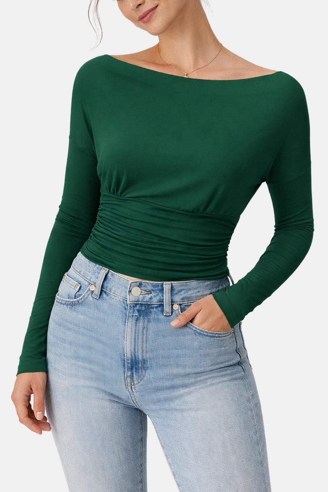 Callia – Ruched Waist Semi-Sheer Long Sleeve Top