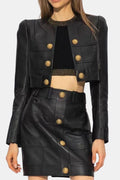 Charity Gold-Button PU Leather Jacket and Skirt Set in Black