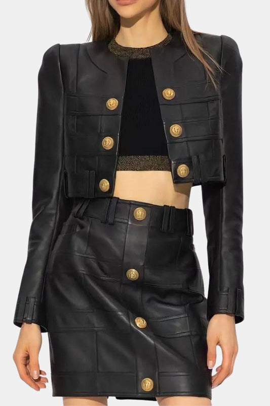Charity Gold-Button PU Leather Jacket and Skirt Set in Black