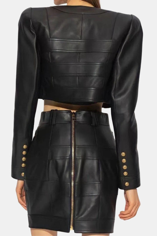 Charity Gold-Button PU Leather Jacket and Skirt Set in Black