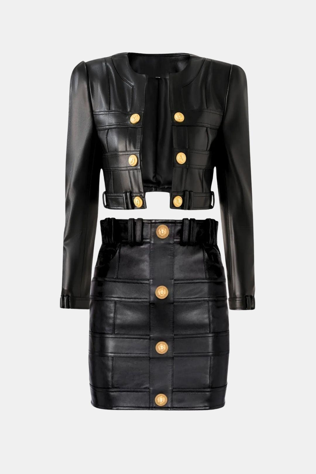 Charity Gold-Button PU Leather Jacket and Skirt Set in Black