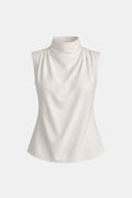 Freida – Pleated High-Neck Sleeveless Blouse in Beige