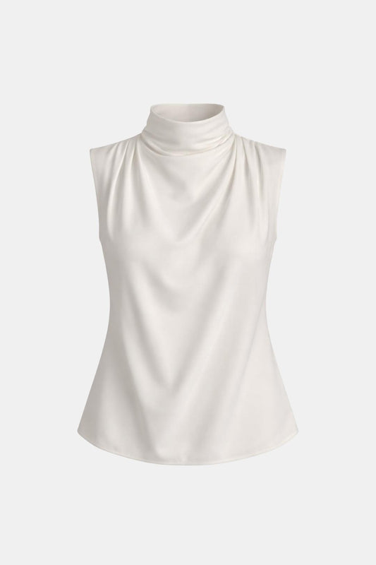 Freida – Pleated High-Neck Sleeveless Blouse in Beige