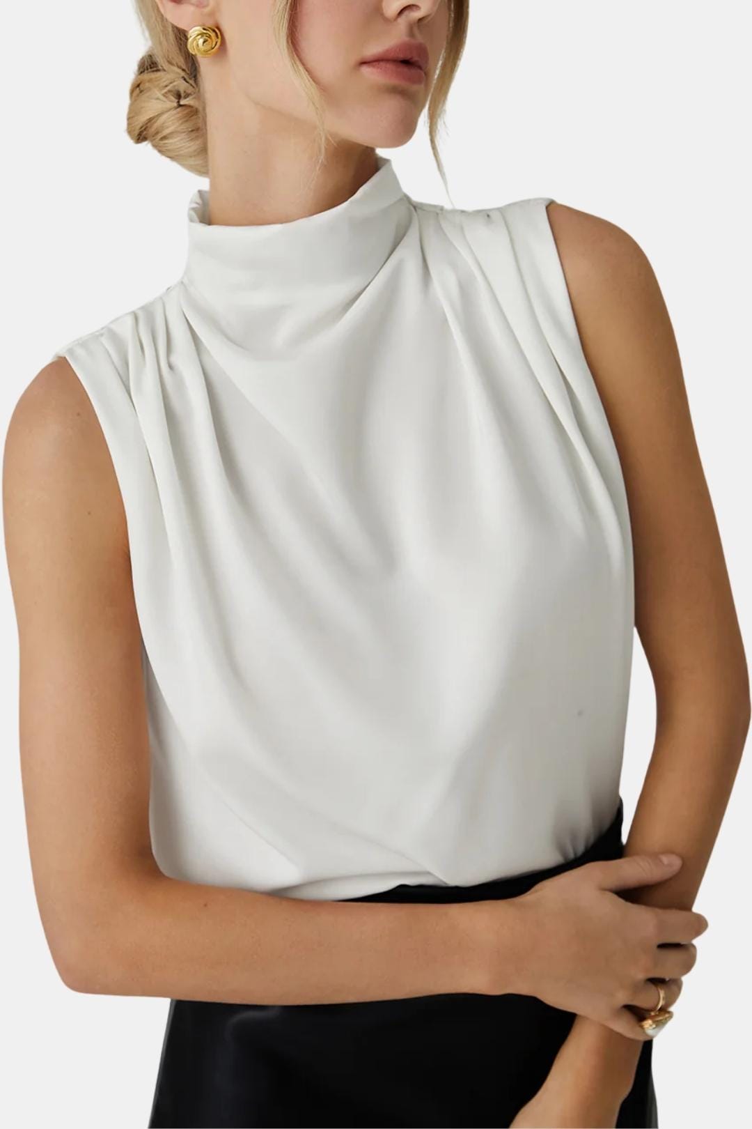 Freida – Pleated High-Neck Sleeveless Blouse in Beige