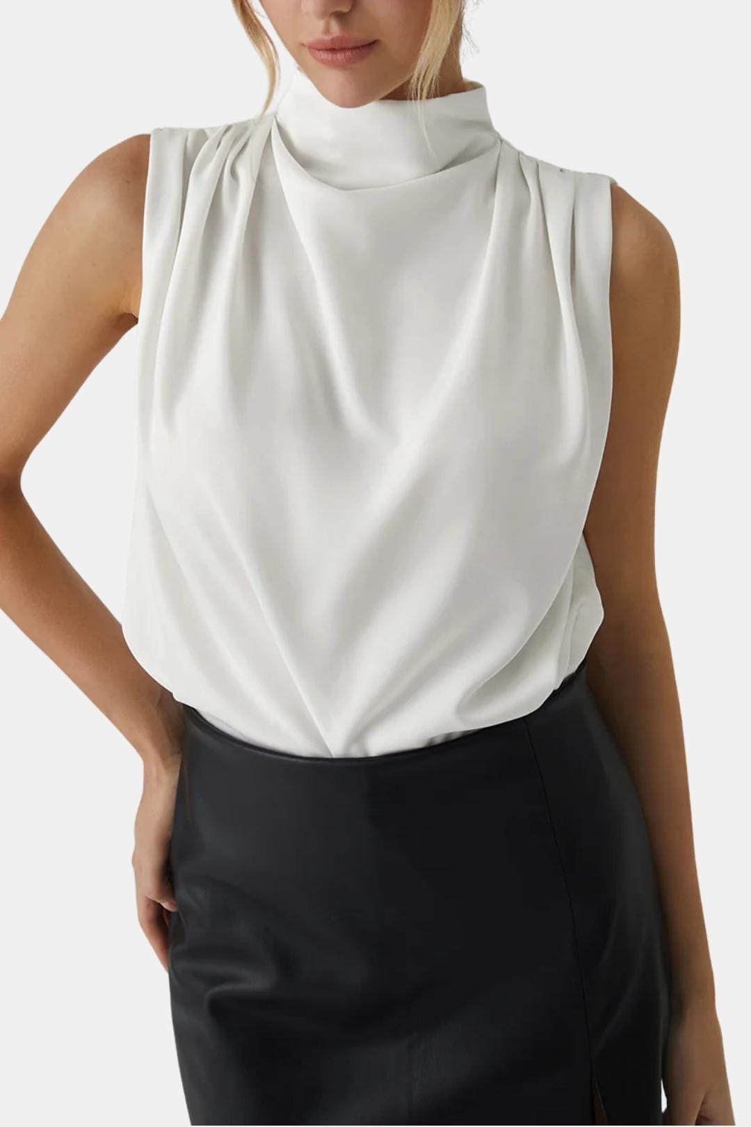 Freida – Pleated High-Neck Sleeveless Blouse in Beige