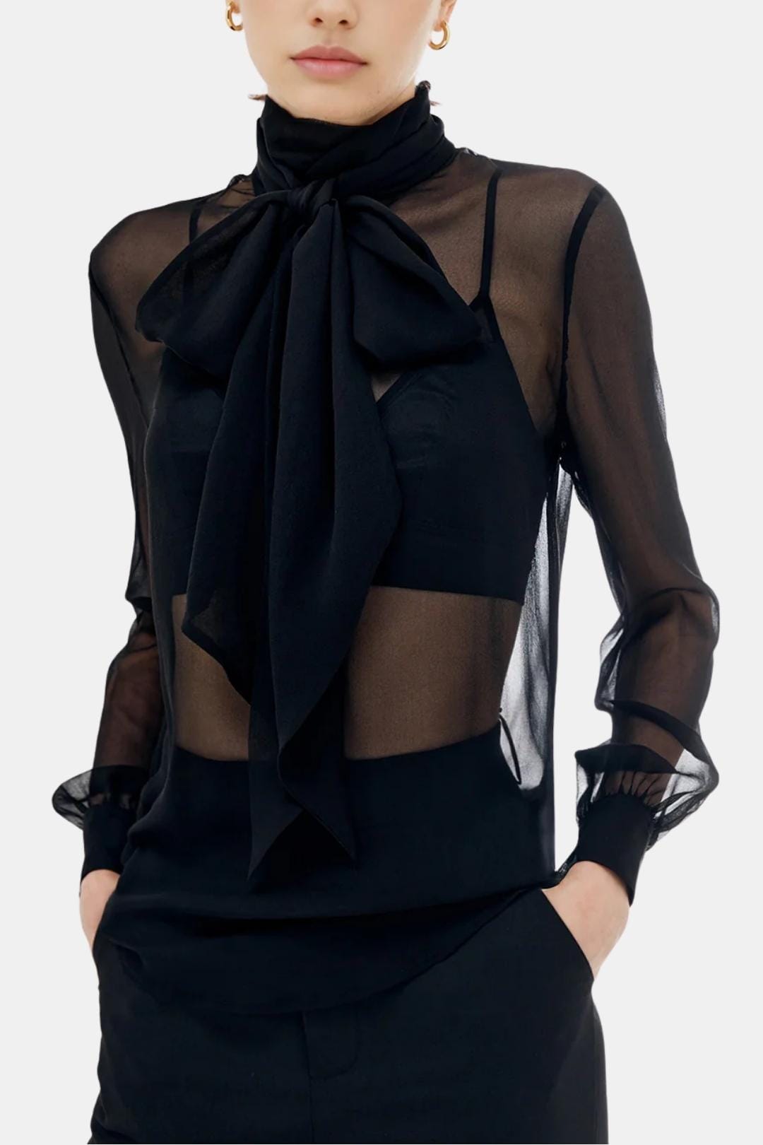 Kalyra – Sheer Bow Chiffon Blouse in Black