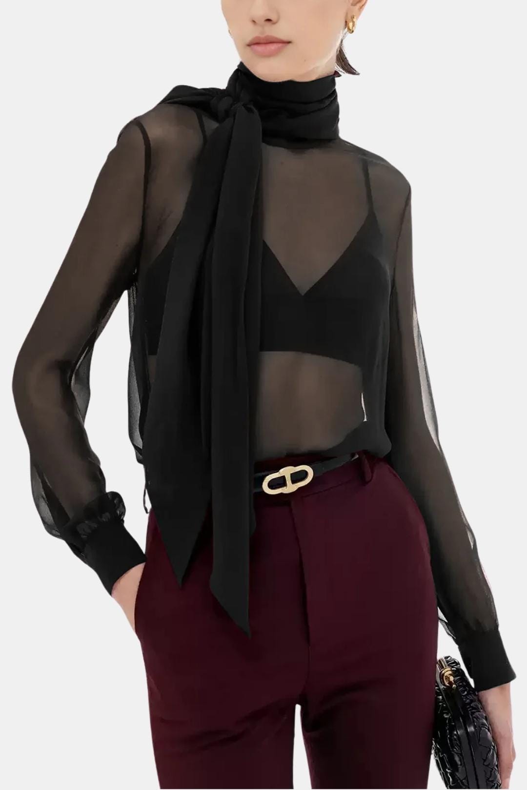 Kalyra – Sheer Bow Chiffon Blouse in Black