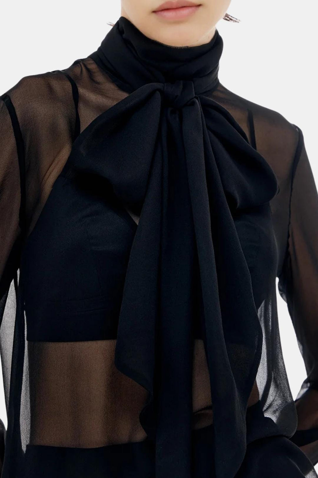 Kalyra – Sheer Bow Chiffon Blouse in Black