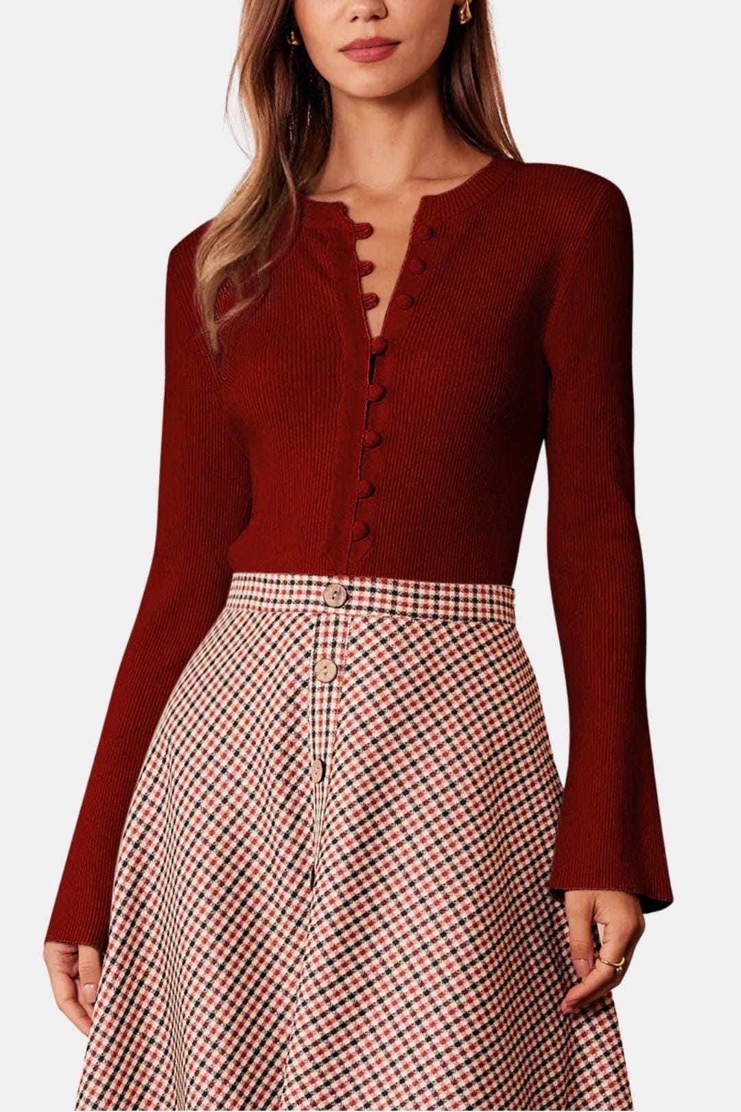 Katina – Ribbed Round Neck Button Knit Top