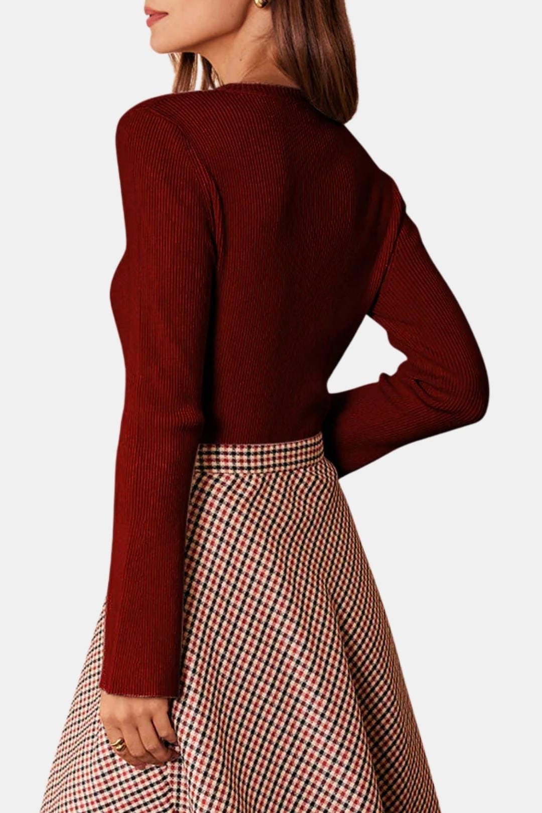 Katina – Ribbed Round Neck Button Knit Top