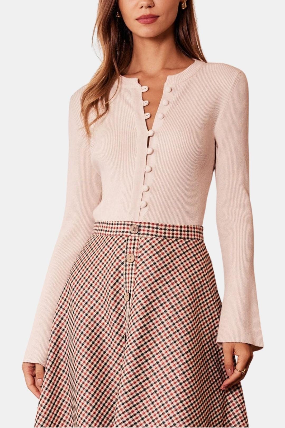 Katina – Ribbed Round Neck Button Knit Top