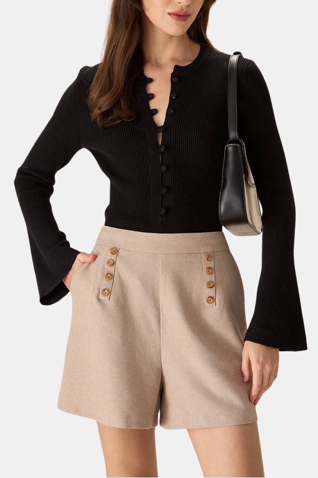 Katina – Ribbed Round Neck Button Knit Top
