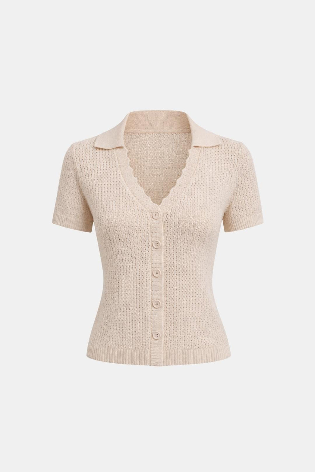 Kleio – V Neck Button Pointelle Knit Tee