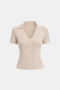Kleio – V Neck Button Pointelle Knit Tee