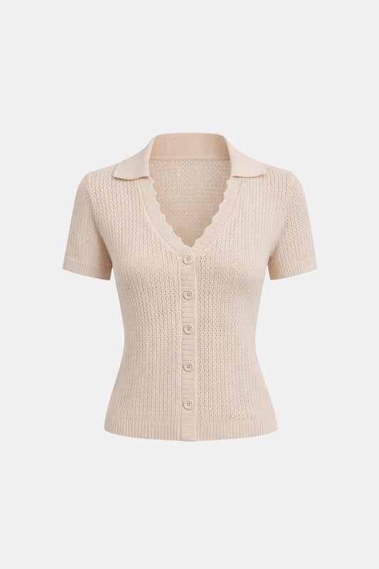 Kleio – V Neck Button Pointelle Knit Tee