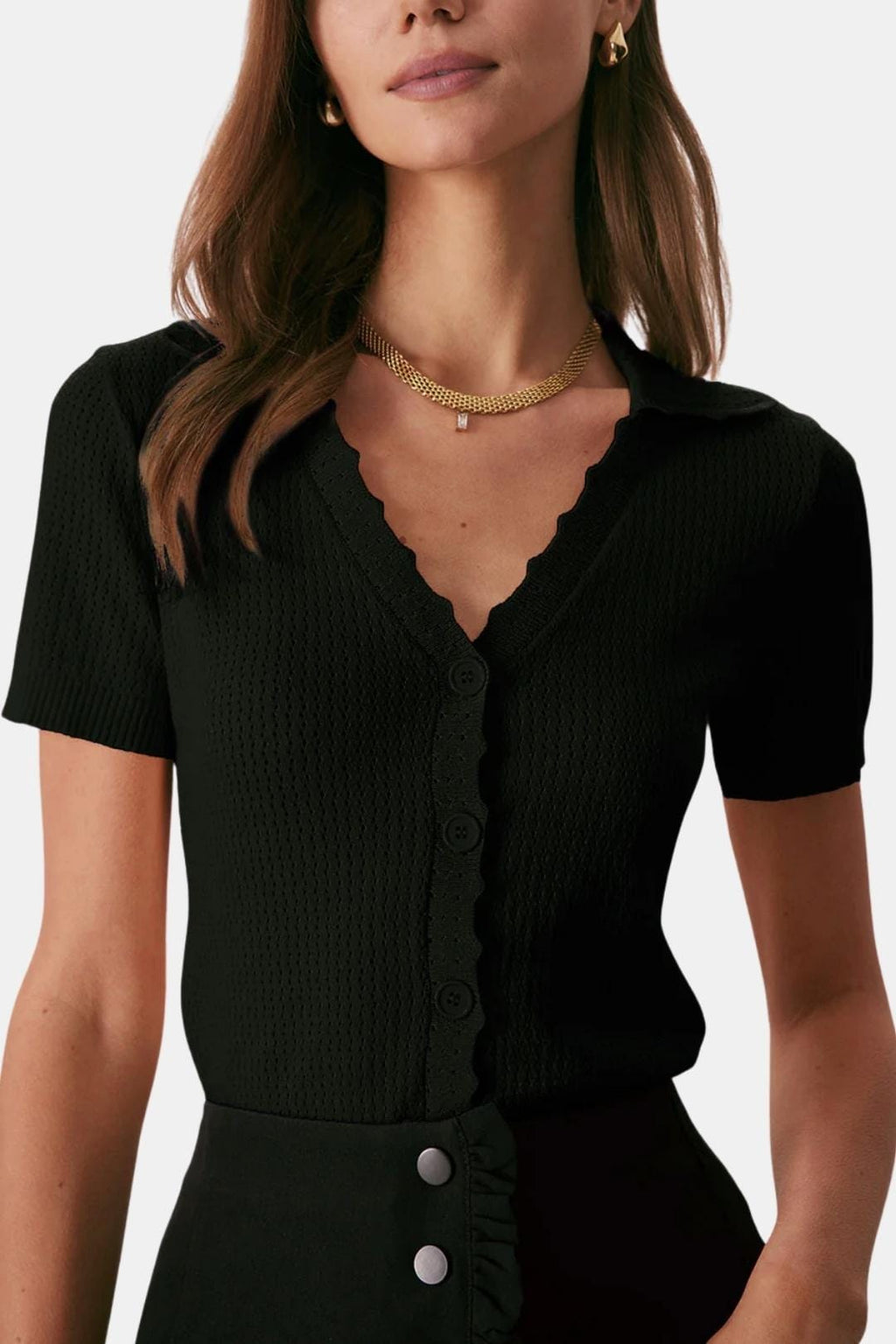 Kleio – V Neck Button Pointelle Knit Tee