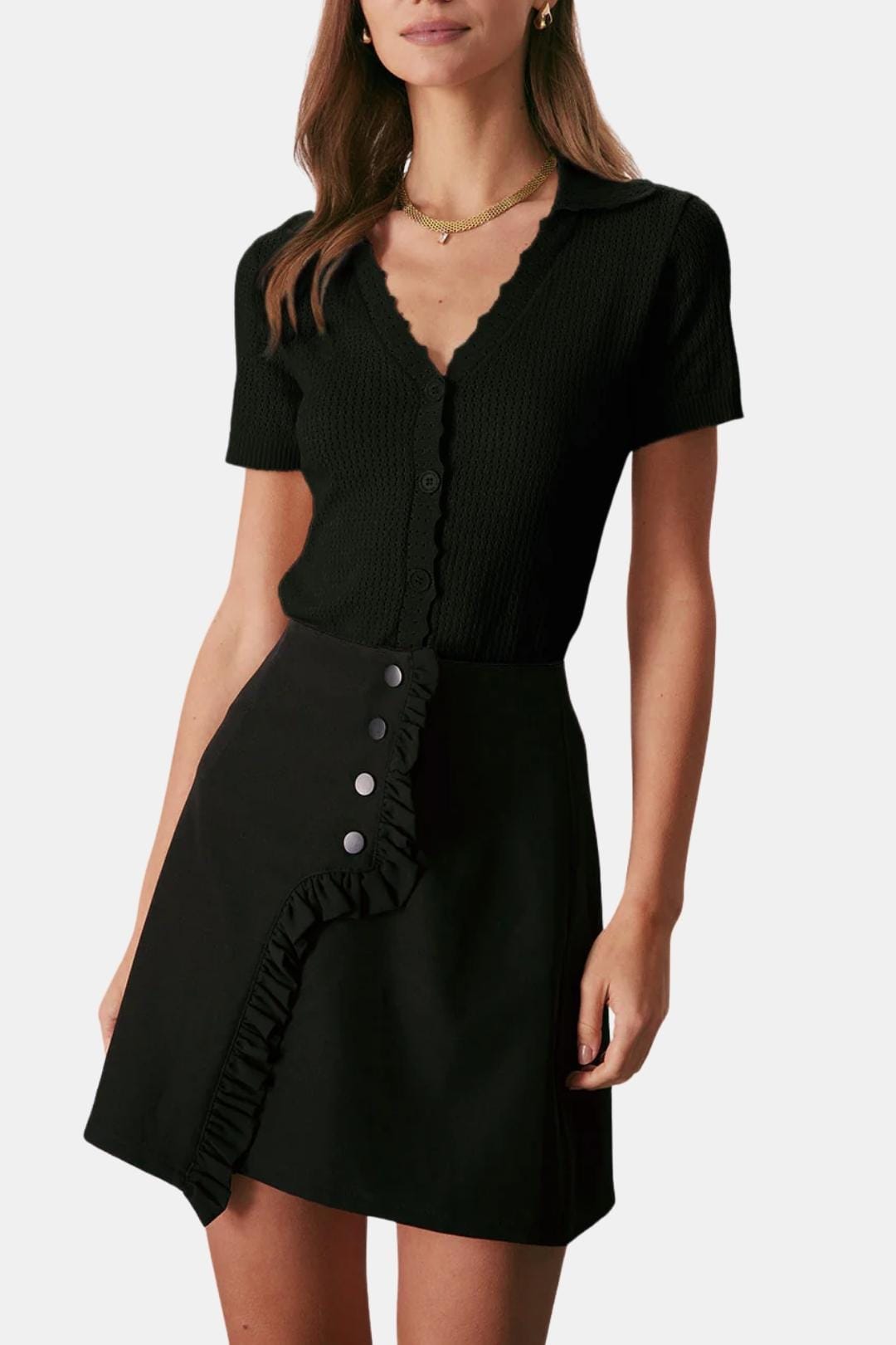 Kleio – V Neck Button Pointelle Knit Tee