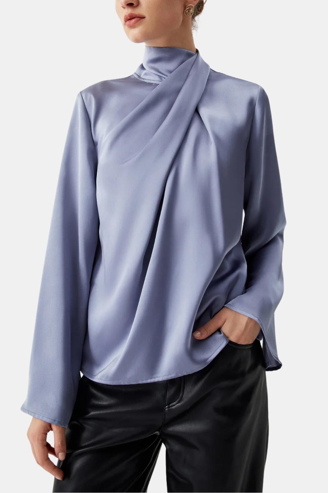 Lysara – Asymmetric Pleated Satin Blouse in Grey