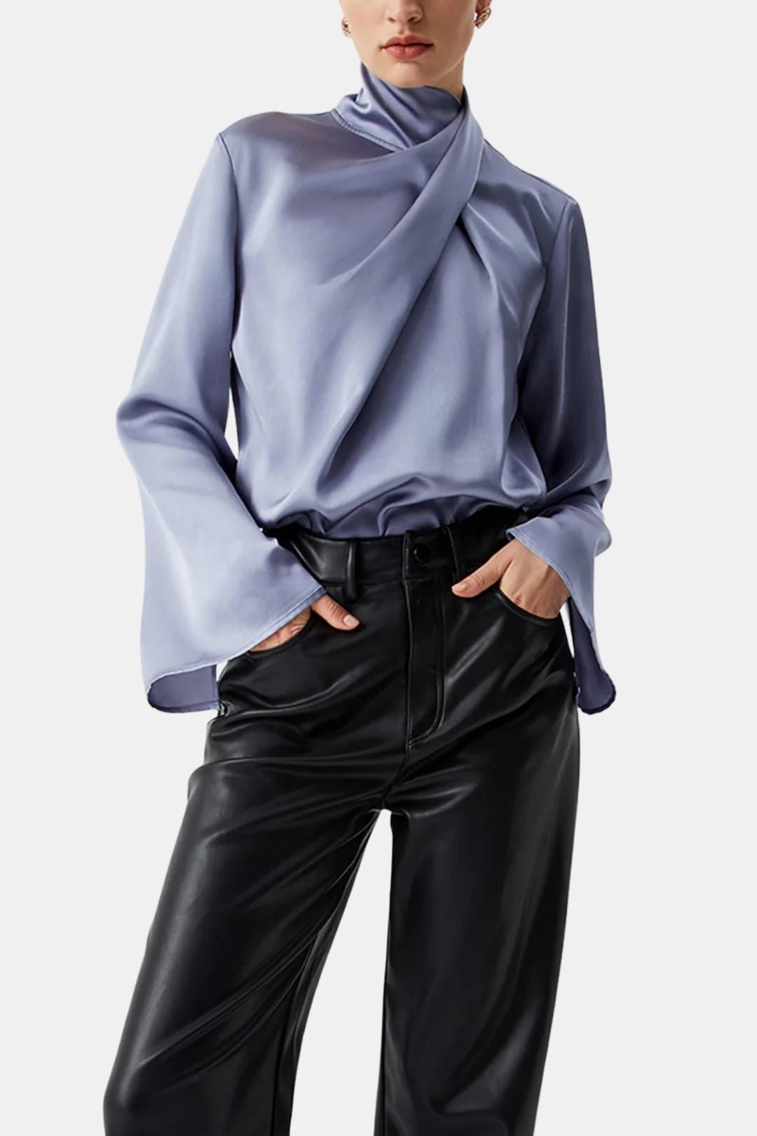 Lysara – Asymmetric Pleated Satin Blouse in Grey