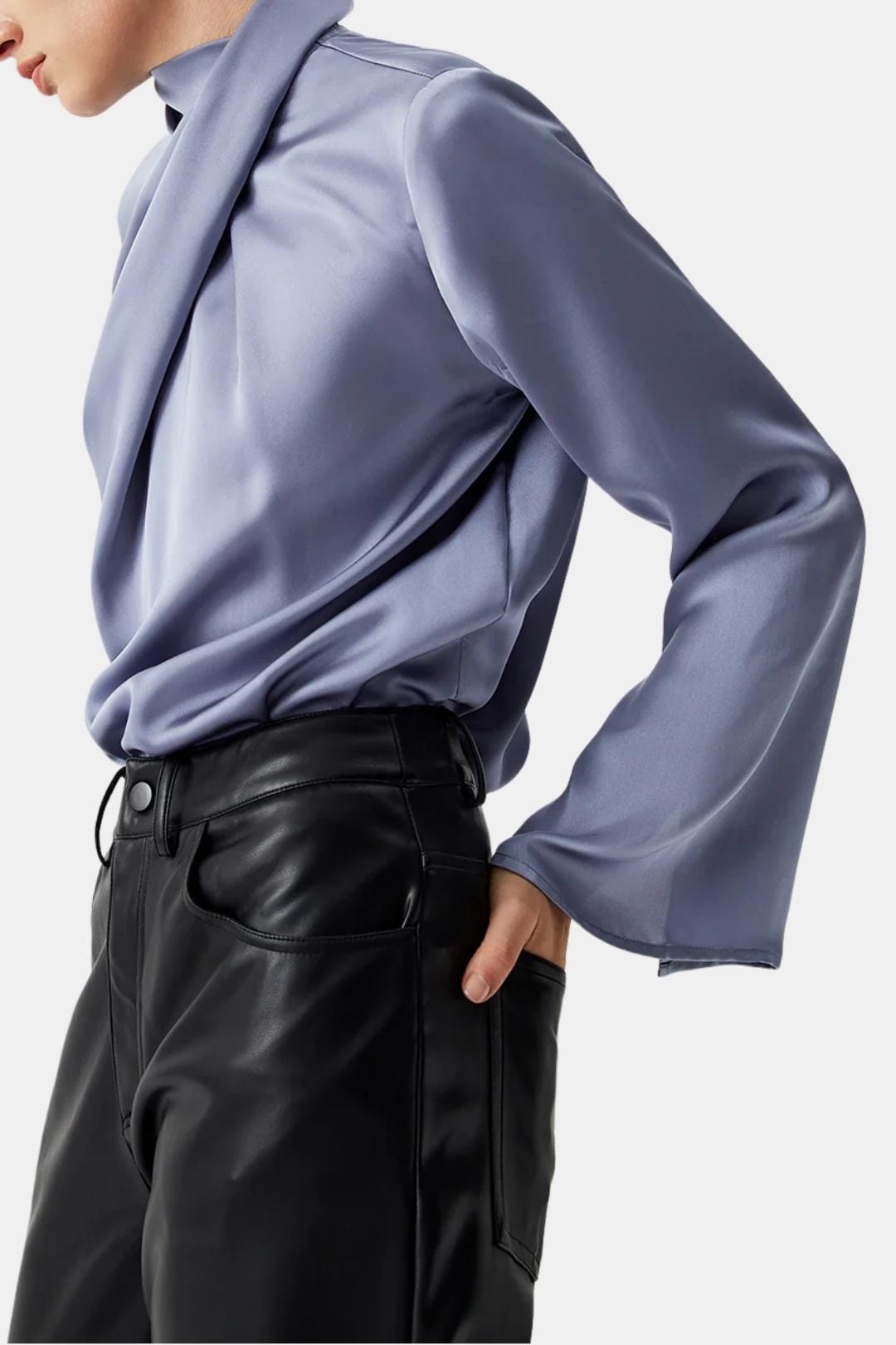 Lysara – Asymmetric Pleated Satin Blouse in Grey