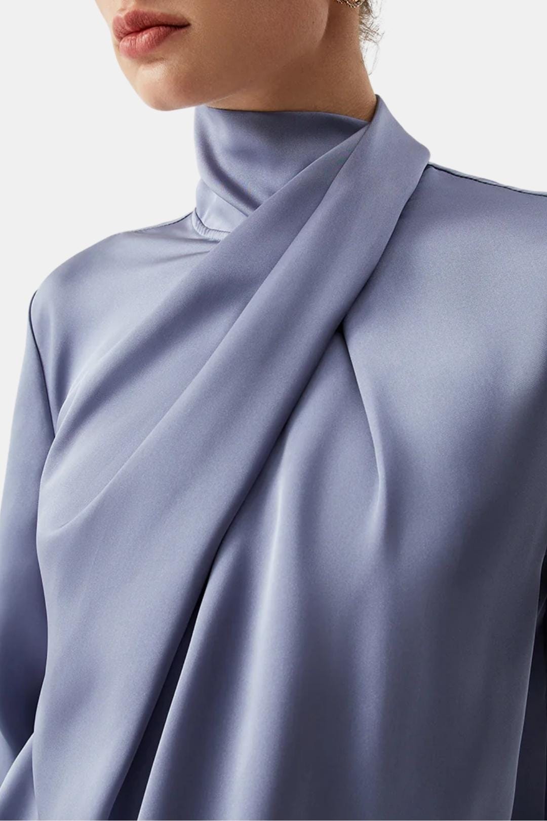 Lysara – Asymmetric Pleated Satin Blouse in Grey