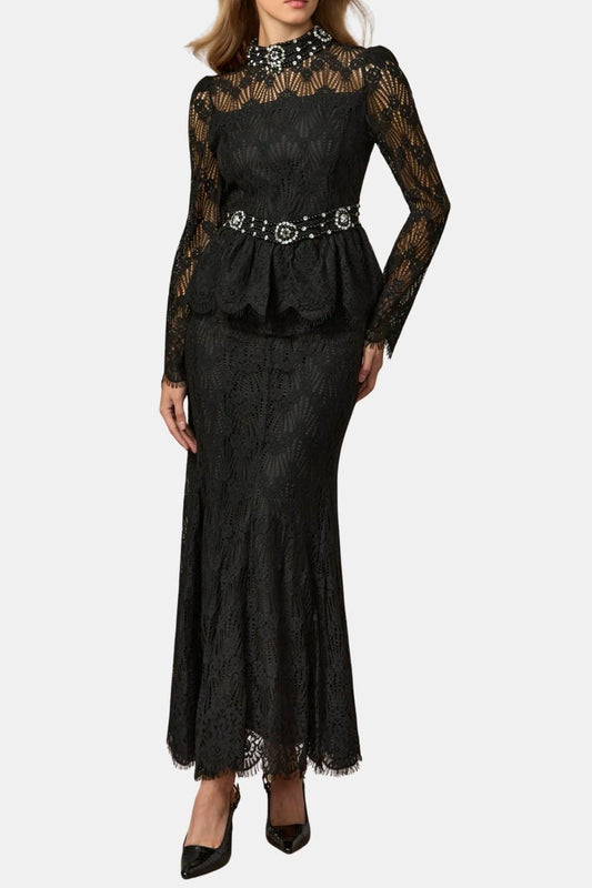 Margo – Beaded Lace Top & Mermaid Evening Skirt Set in Black