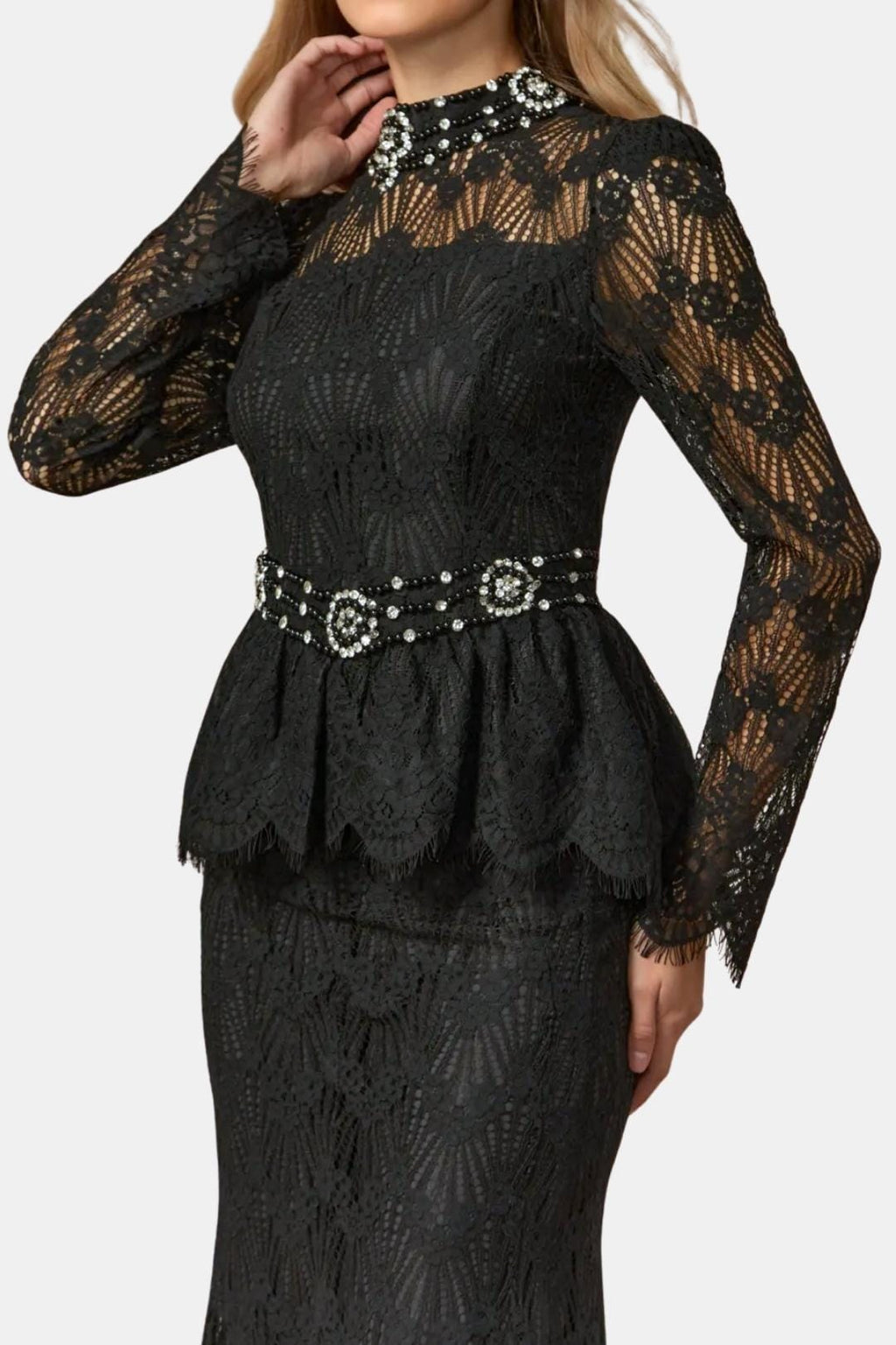 Margo – Beaded Lace Top & Mermaid Evening Skirt Set in Black