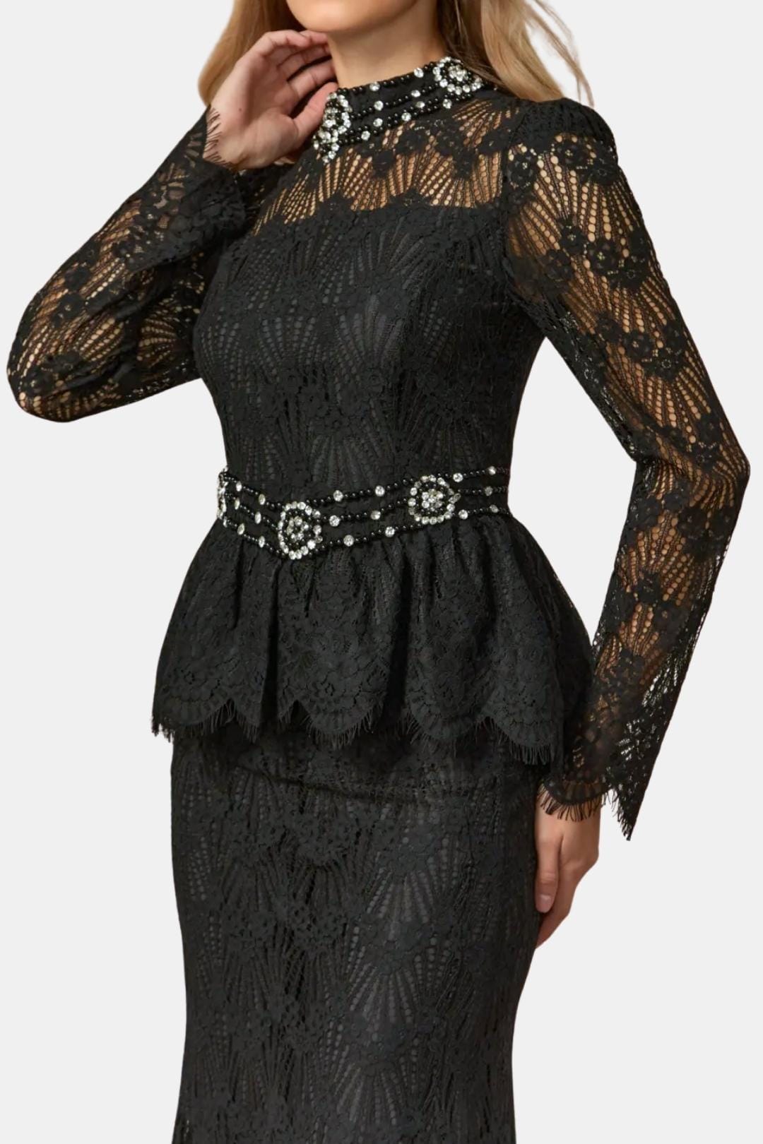 Margo – Beaded Lace Top & Mermaid Evening Skirt Set in Black