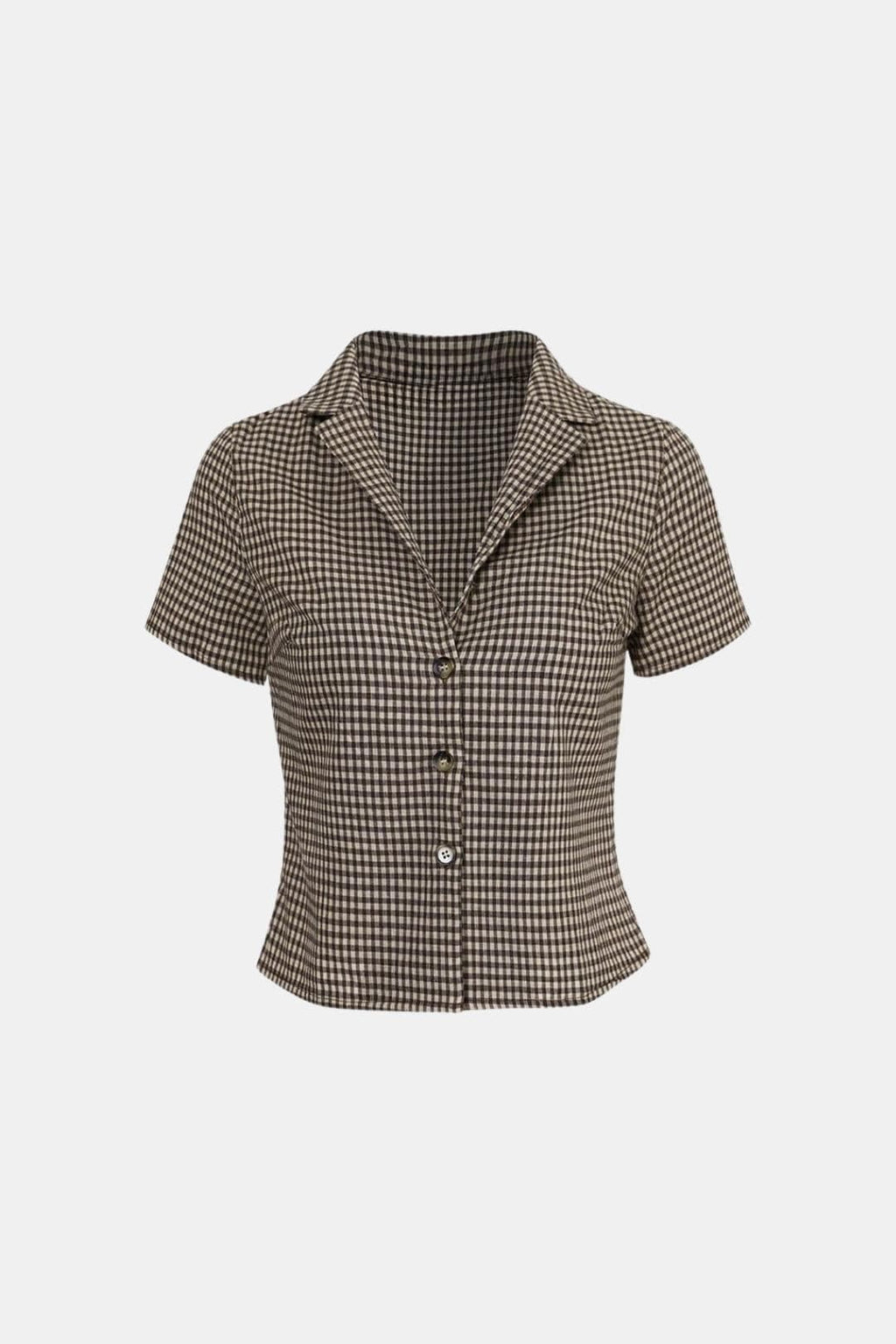 Sariva – Lapel Gingham Short Sleeve Blouse in Brown