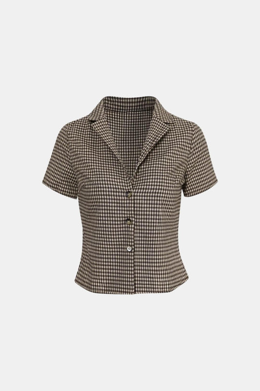 Sariva – Lapel Gingham Short Sleeve Blouse in Brown